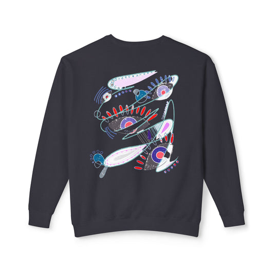 Back view of The Dance of Thought black sweatshirt by Semiòtica featuring symbolic abstract artwork.
