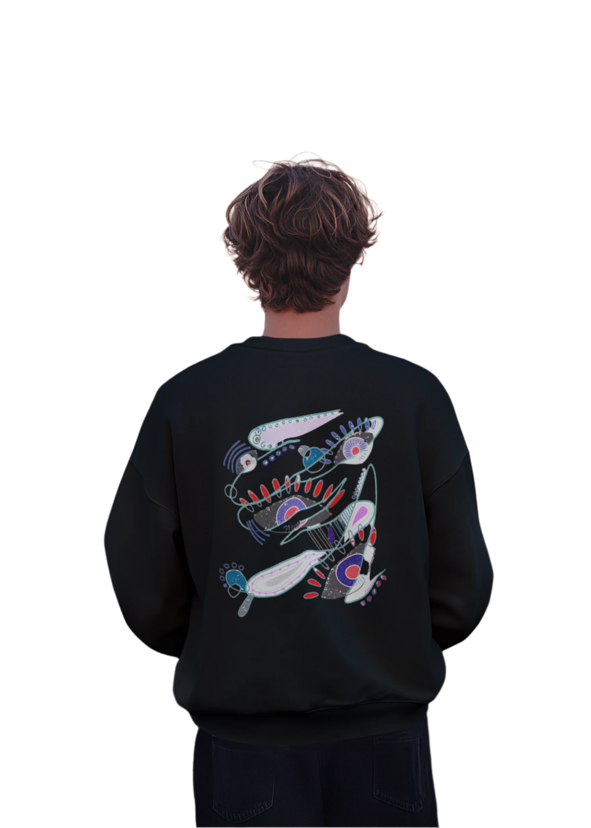 Man wearing The Dance of Thought black sweatshirt showing colorful abstract symbolic print on the back.