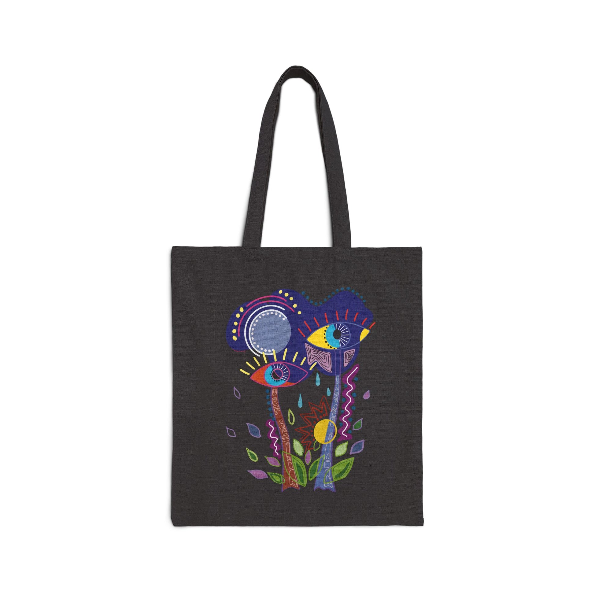 Black tote bag from Semiotica with colorful abstract design on a white background