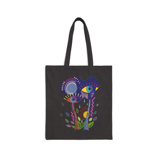 Black tote bag from Semiotica with colorful abstract design on a white background