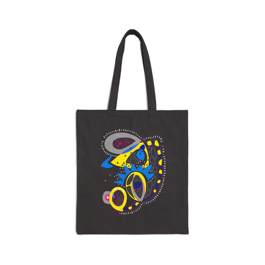Black tote bag from Semiotica with colorful abstract design on a white background