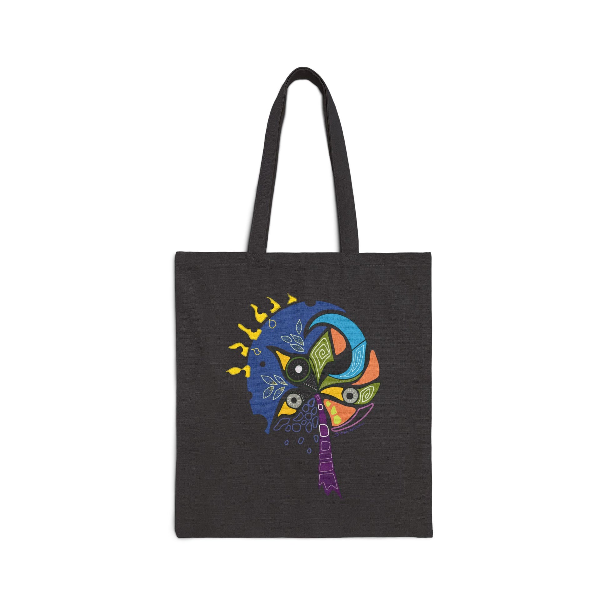 Black tote bag from Semiotica with a design printed on a white background