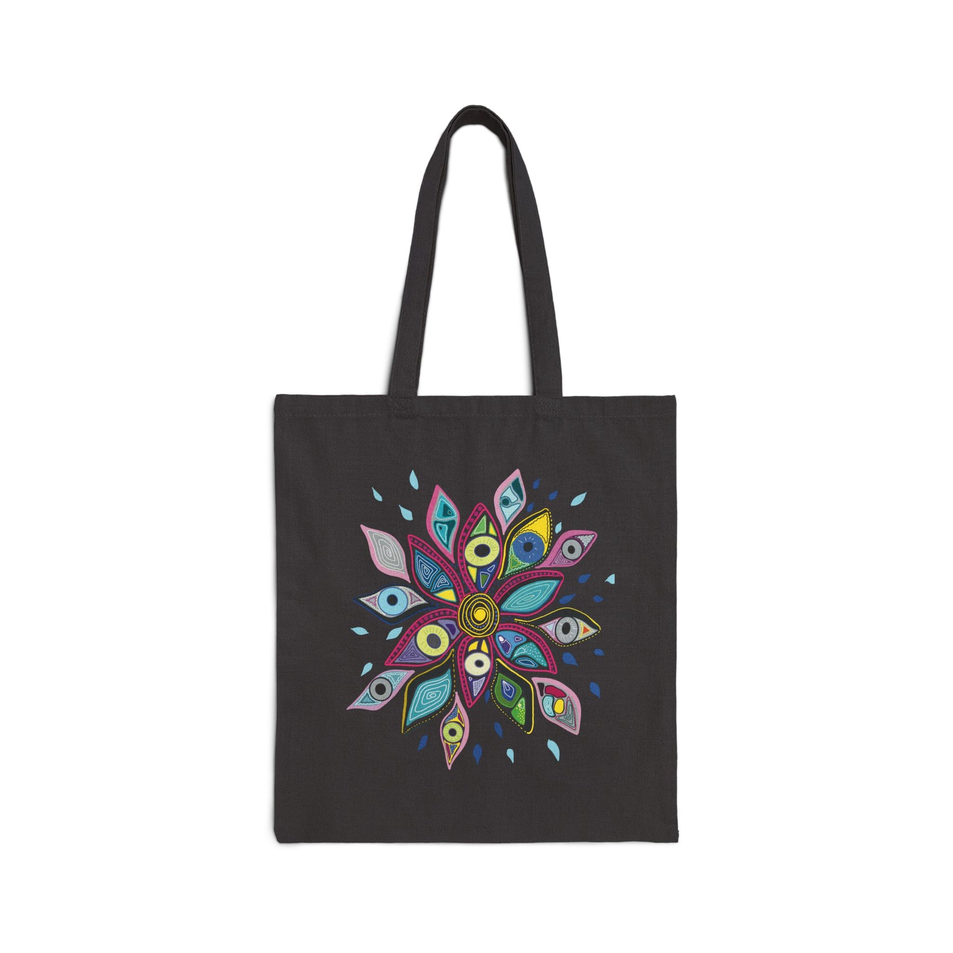 Black tote bag from Semiotica with a colorful mandala design on a white background
