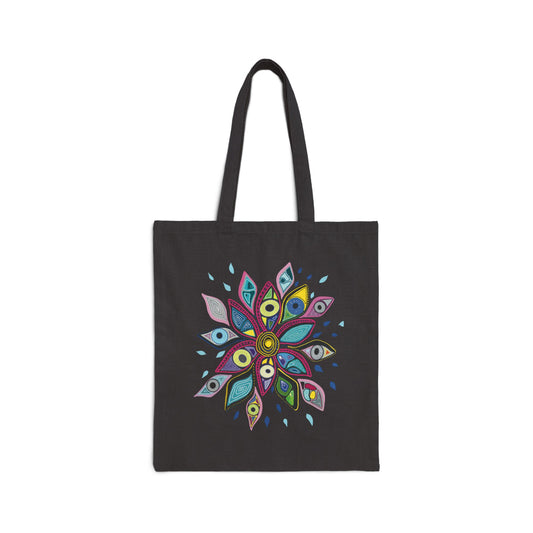 Black tote bag from Semiotica with a colorful mandala design on a white background