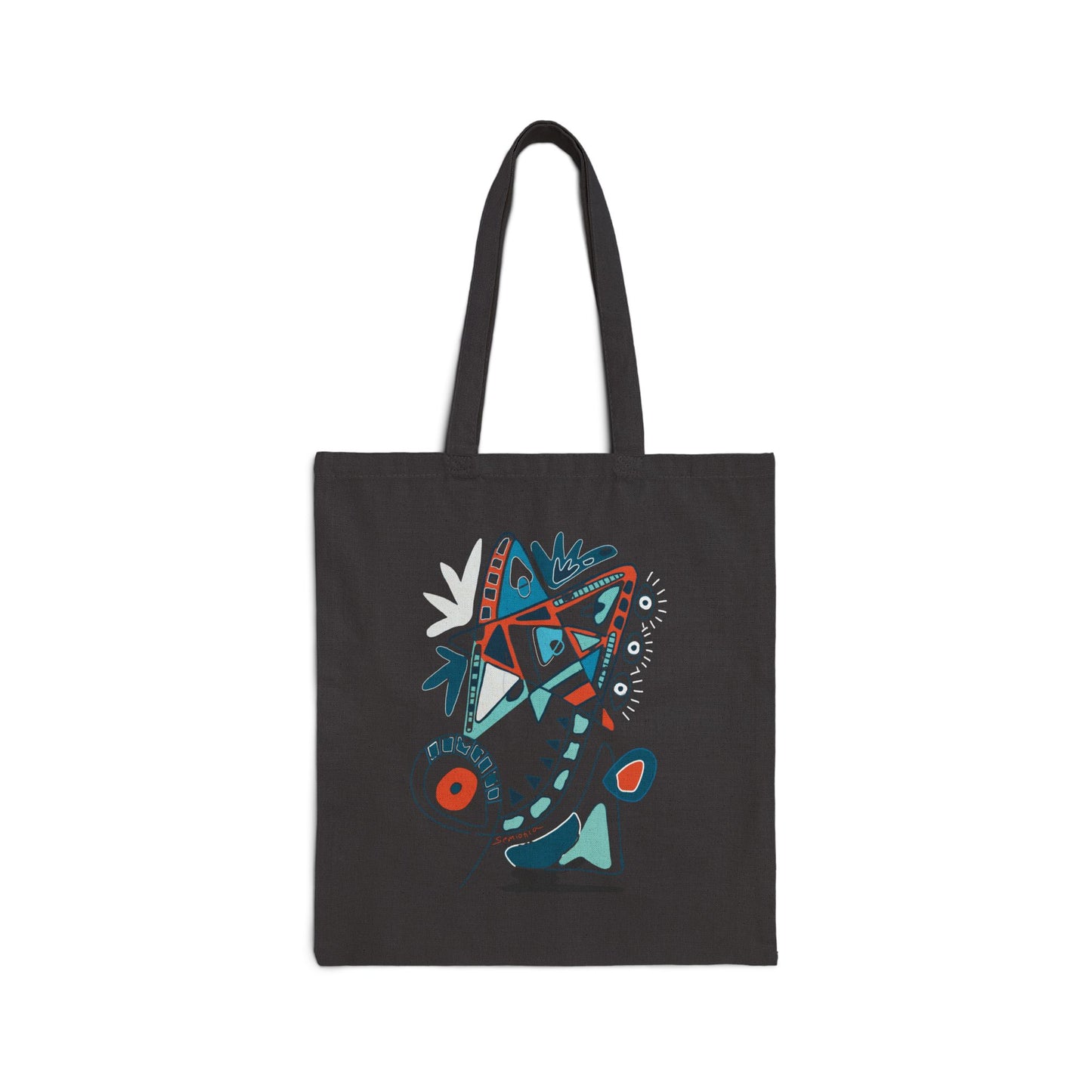 Black tote bag from Semiotica with colorful abstract design on a white background