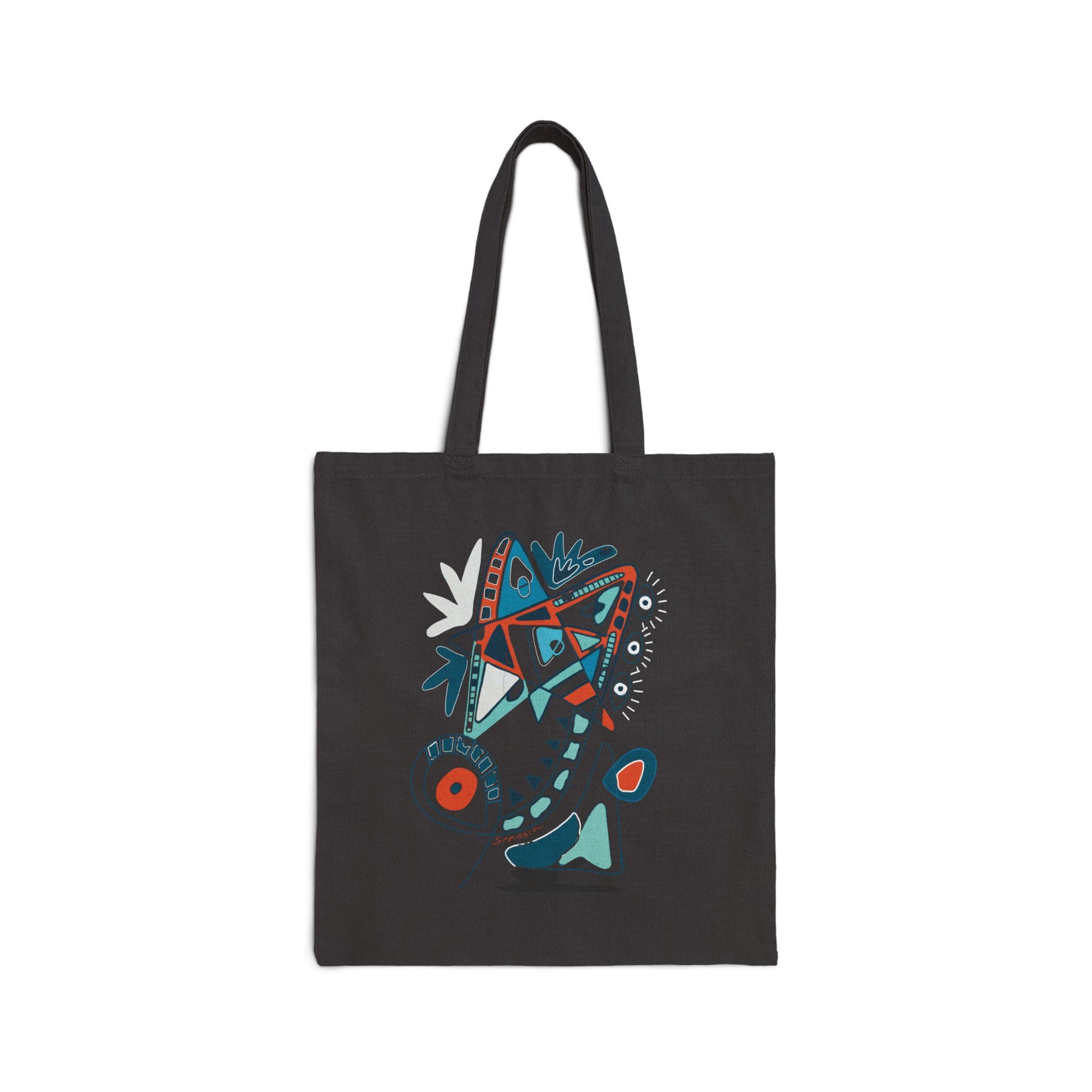 Black tote bag from Semiotica with colorful abstract design on a white background