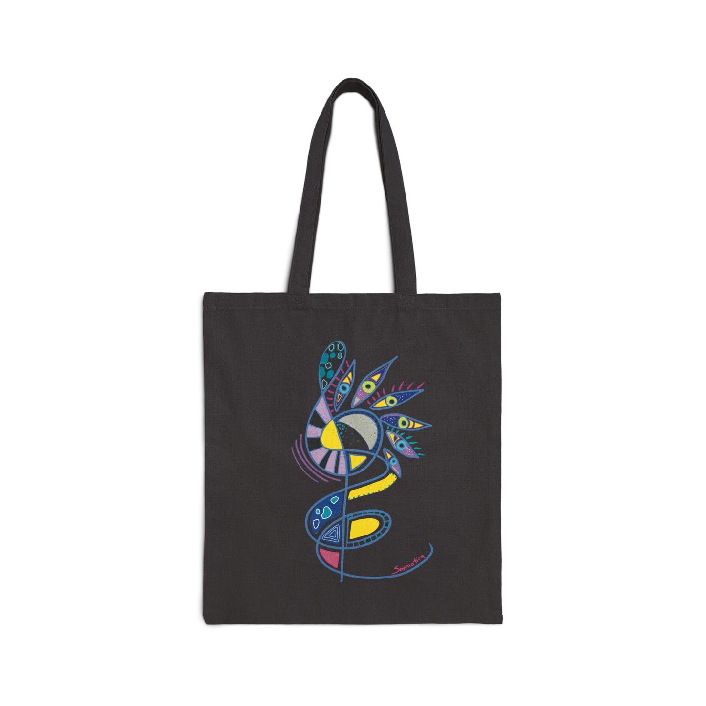 Black tote bag from Semiotica with colorful abstract design on a white background