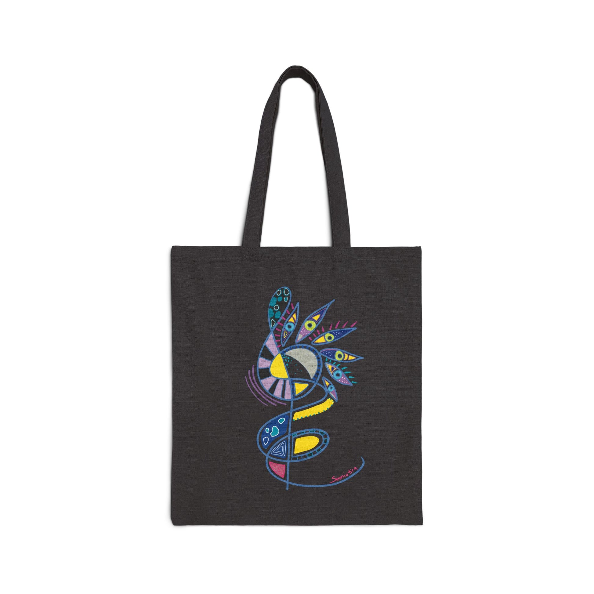 Black tote bag from Semiotica with colorful abstract design on a white background
