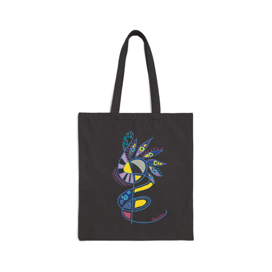 Black tote bag from Semiotica with colorful abstract design on a white background