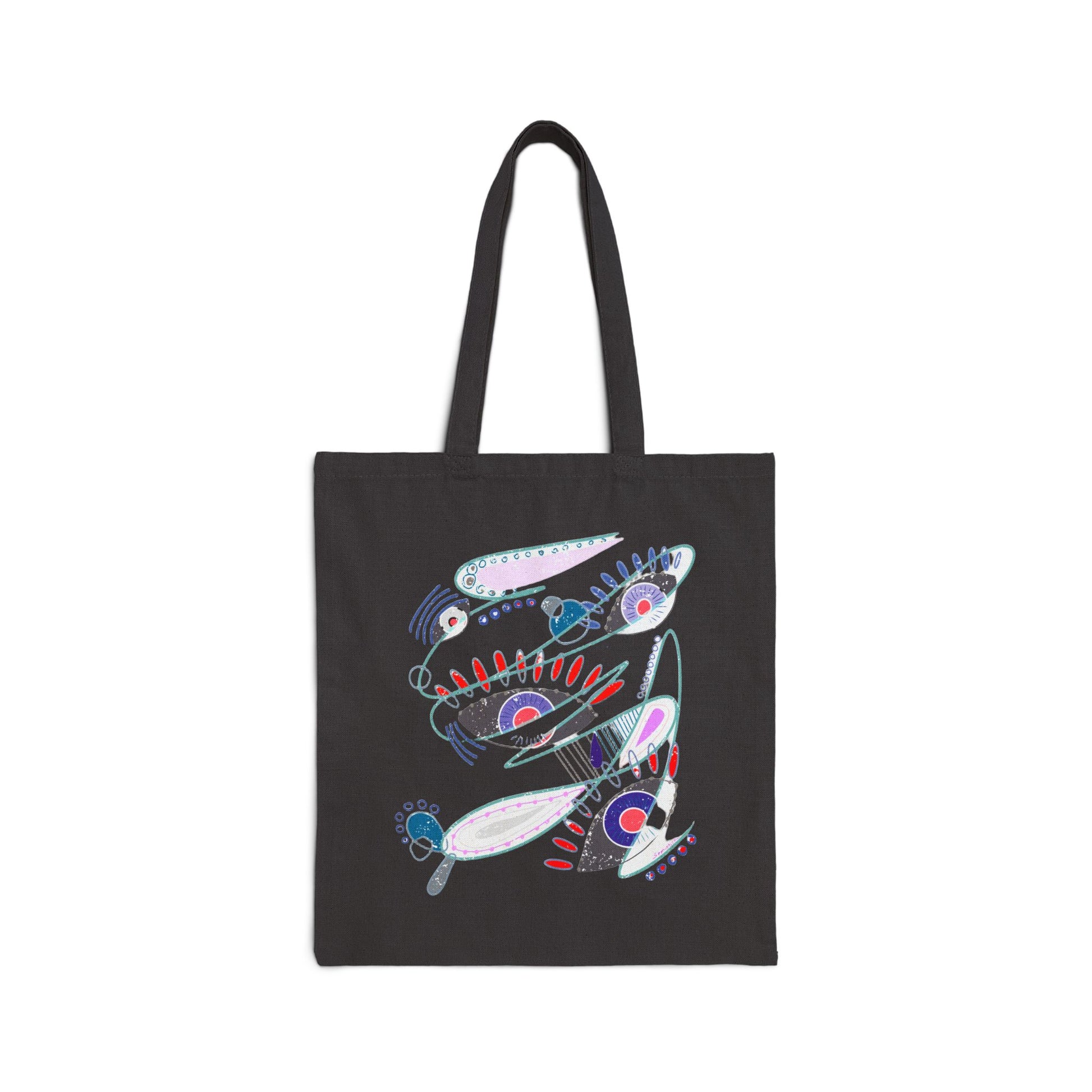 Black tote bag from Semiotica with colorful design on a white background
