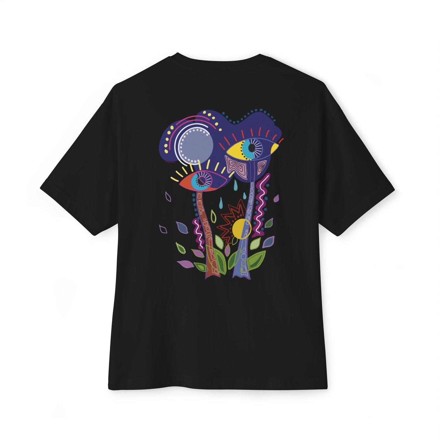 Black t-shirt with colorful abstract design on a white background
