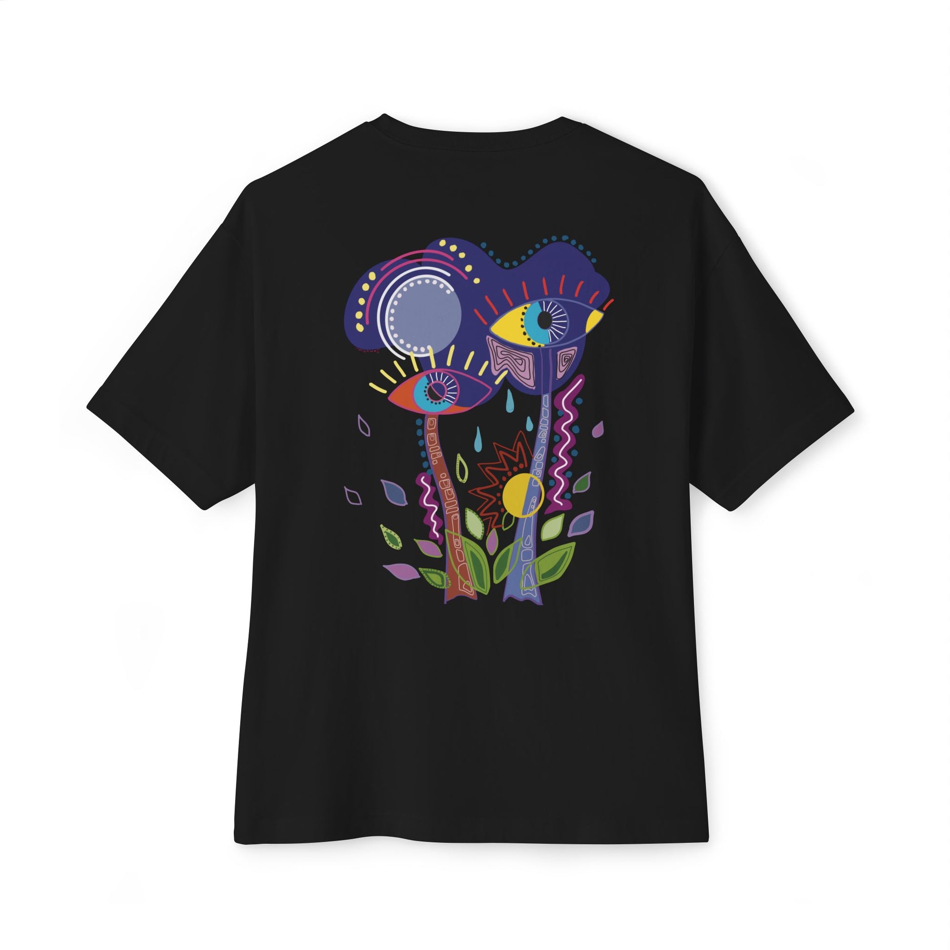 Black t-shirt with colorful abstract design on a white background