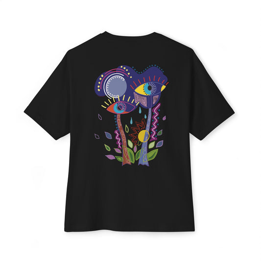 Black t-shirt with colorful abstract design on a white background