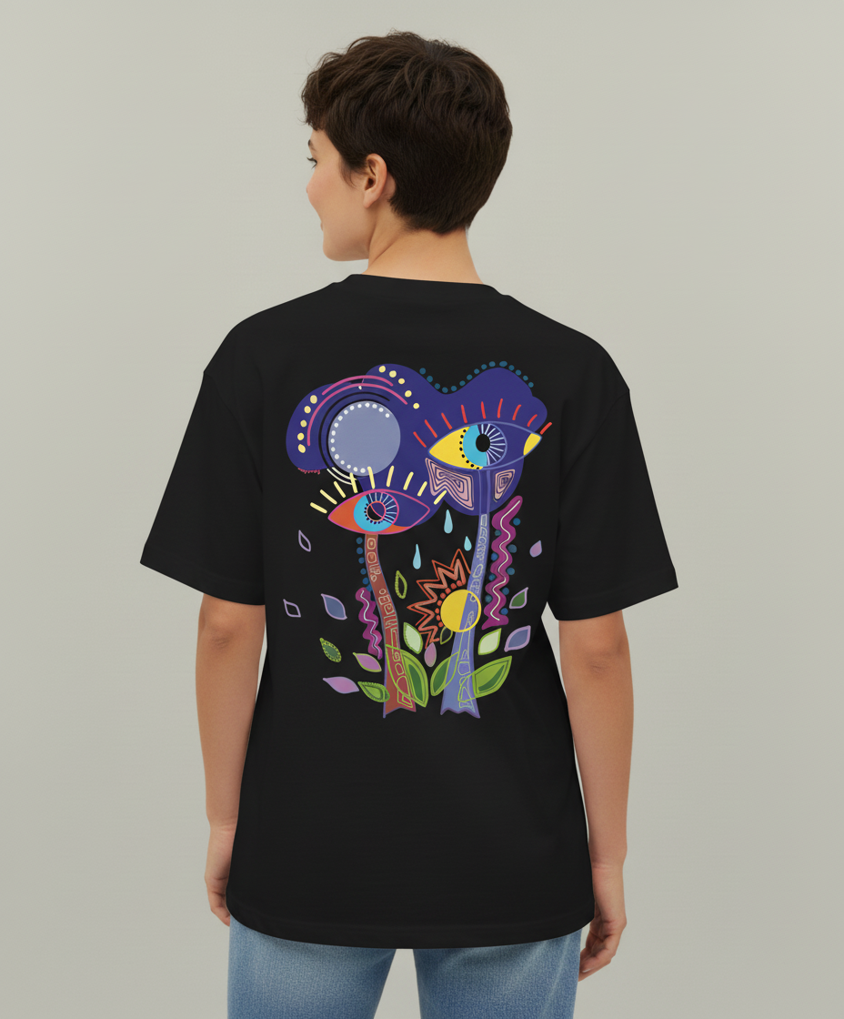 A woman wearing a black t-shirt with a colorful abstract design on the back from Semiotica against a plain background