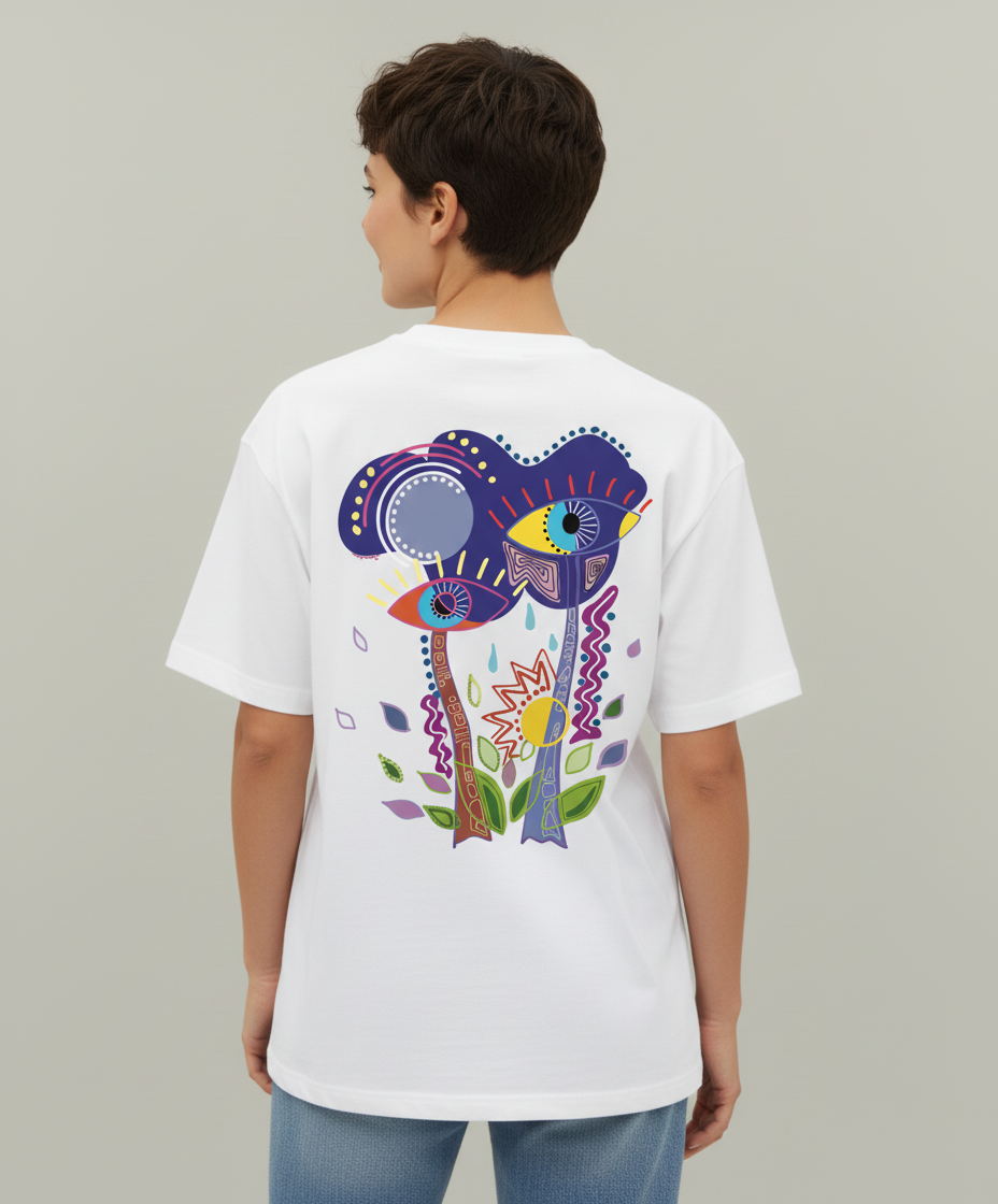Woman wearing a white t-shirt from Semiotica with a colorful elephant design on the back against a plain background