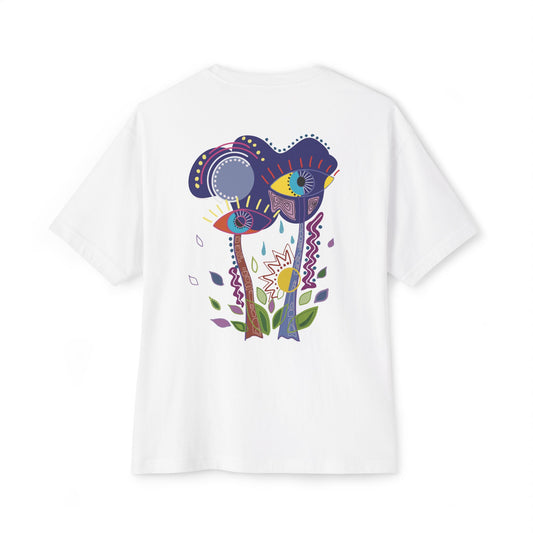 White t-shirt from Semiotica with colorful abstract design on a white background