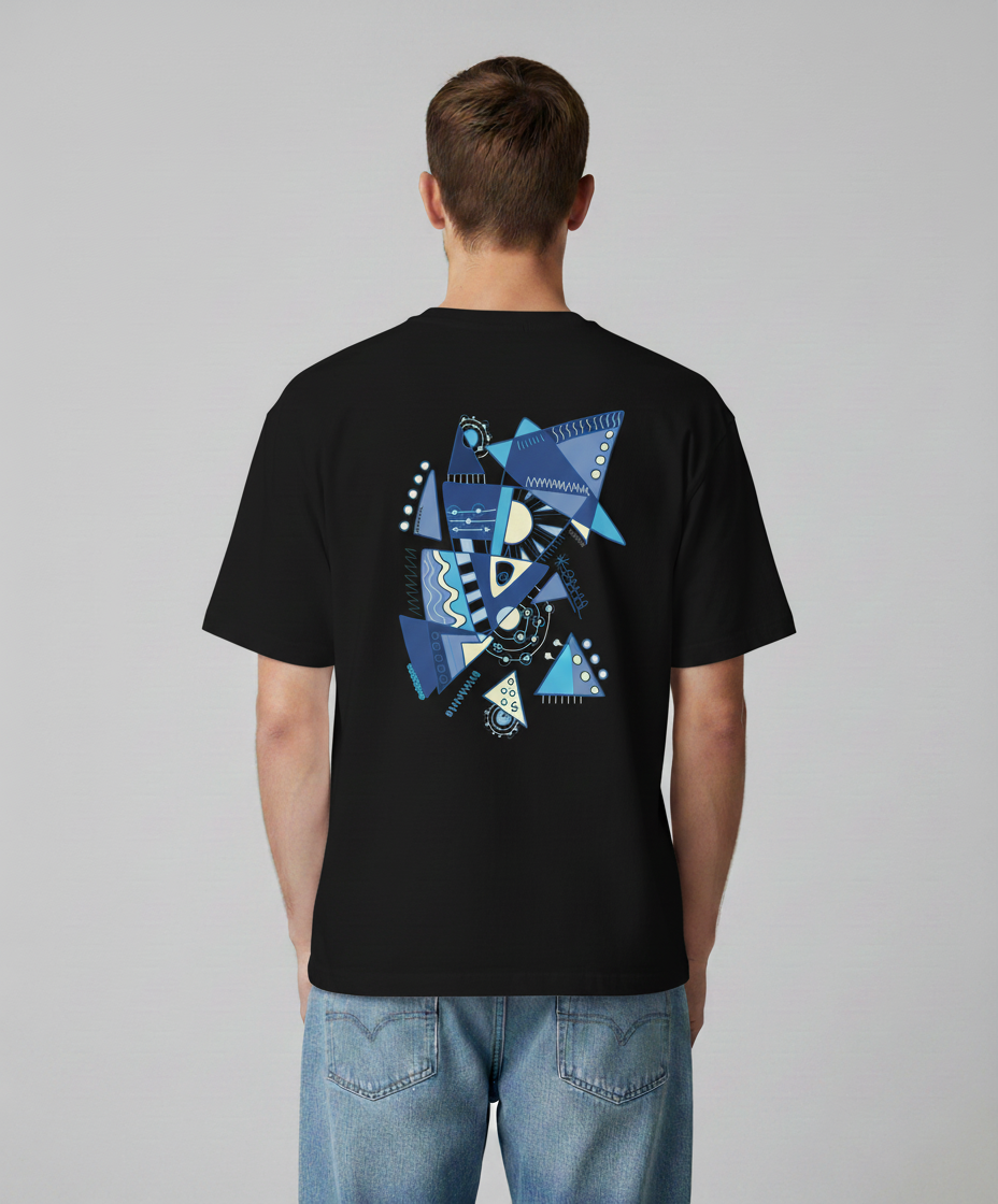 Man wearing a black t-shirt from Semiotica with a blue geometric design on the back against a gray background
