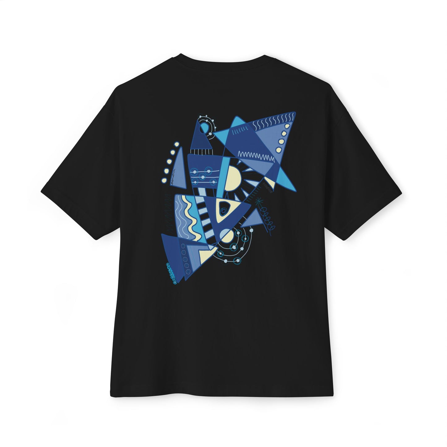 Black t-shirt from Semiotica with blue geometric design on a white background