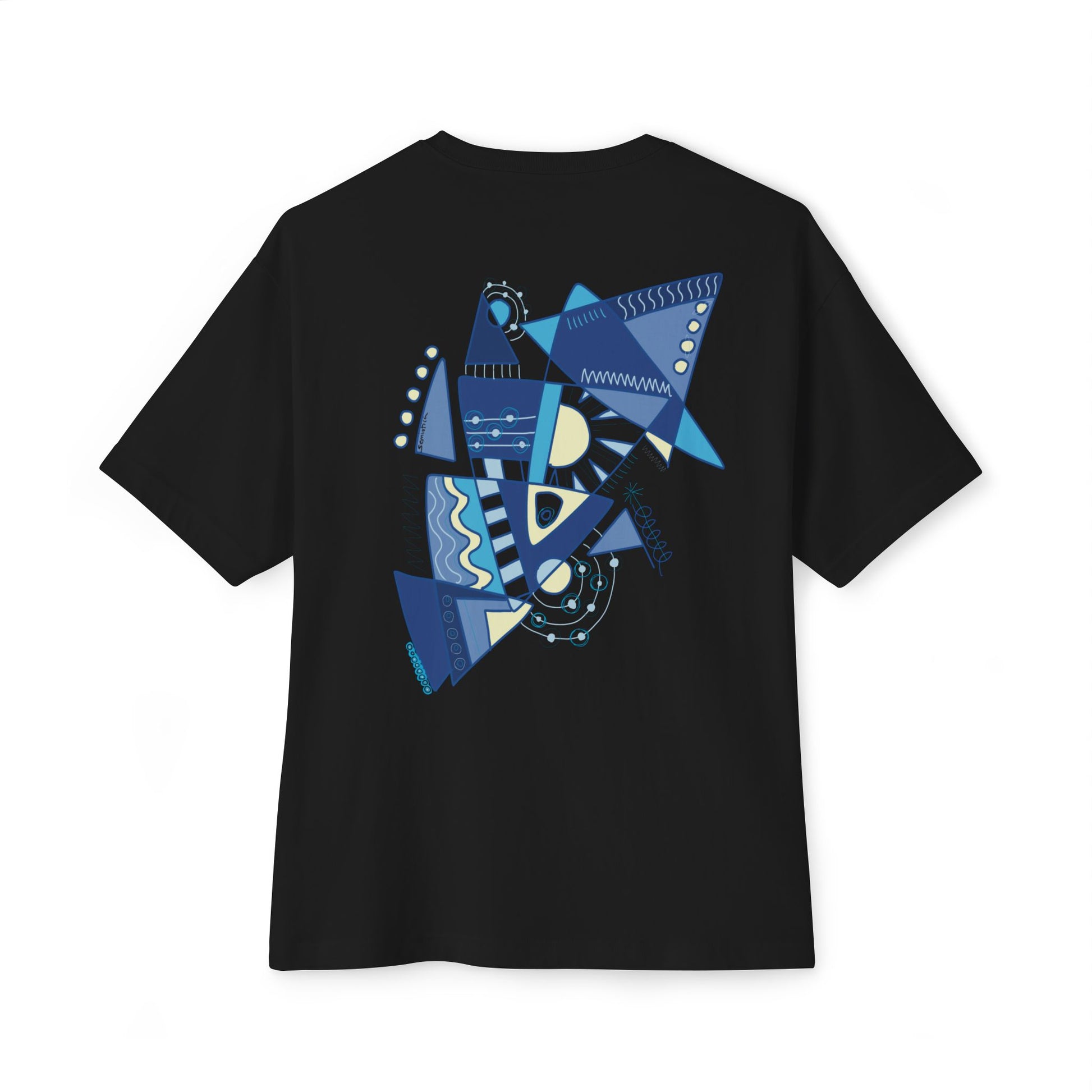 Black t-shirt from Semiotica with blue geometric design on a white background