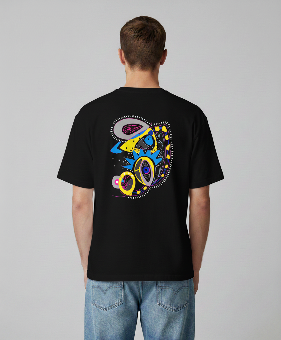 Man wearing a black t-shirt from Semiotica with colorful graphic design on the back against a gray background