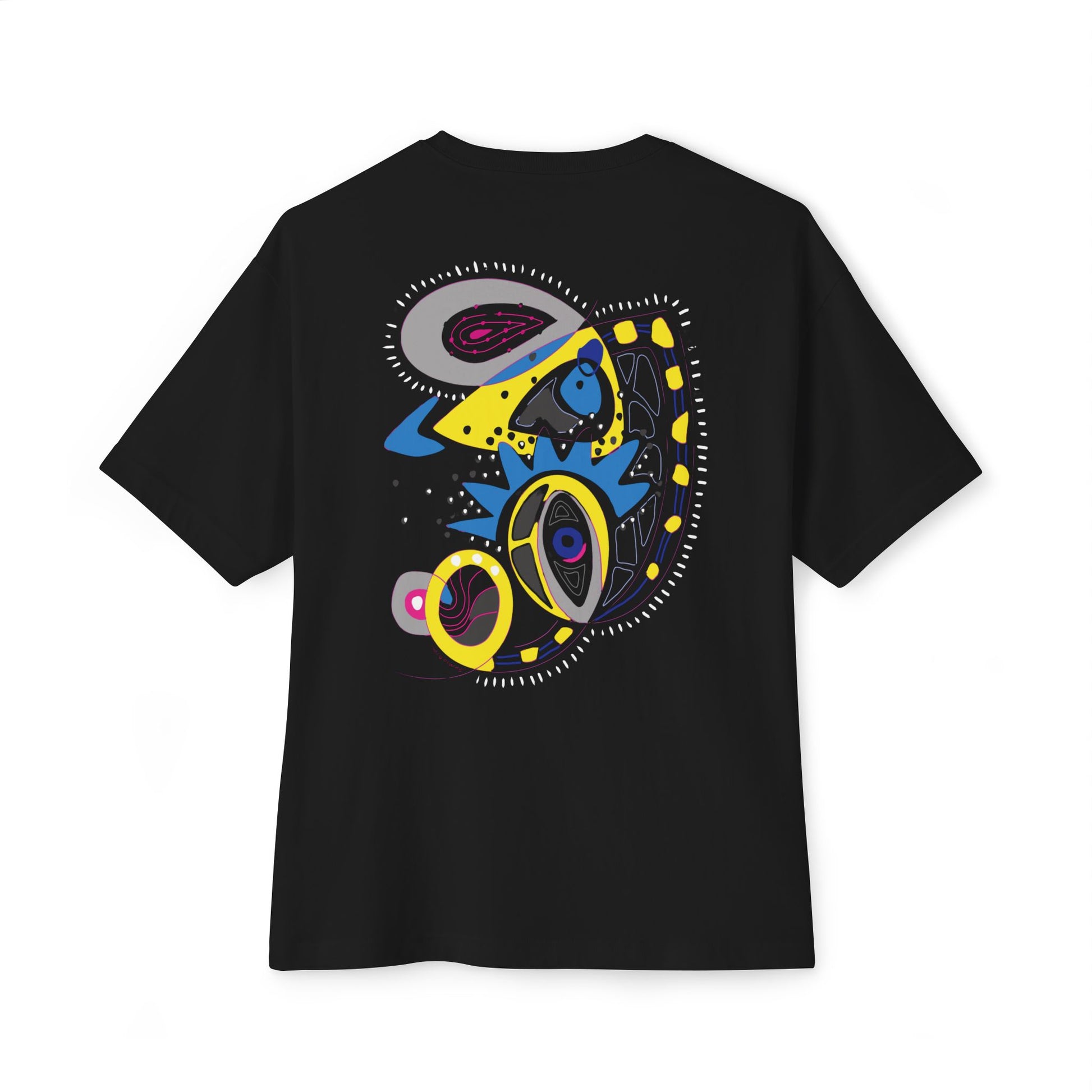 Black t-shirt from Semiotica with colorful graphic design on a white background