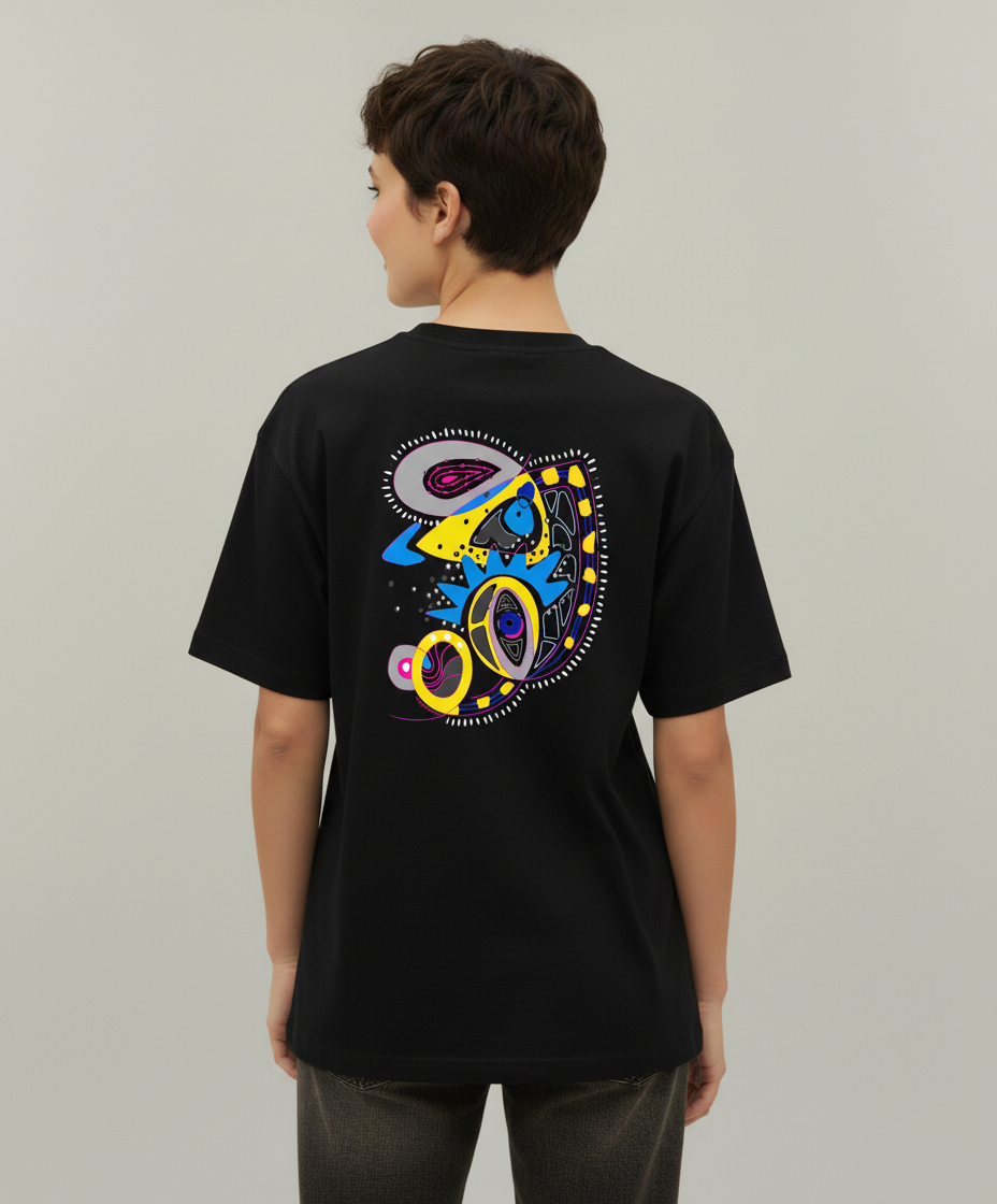 Woman wearing a black t-shirt from Semiotica with a colorful graphic design on the back against a plain background