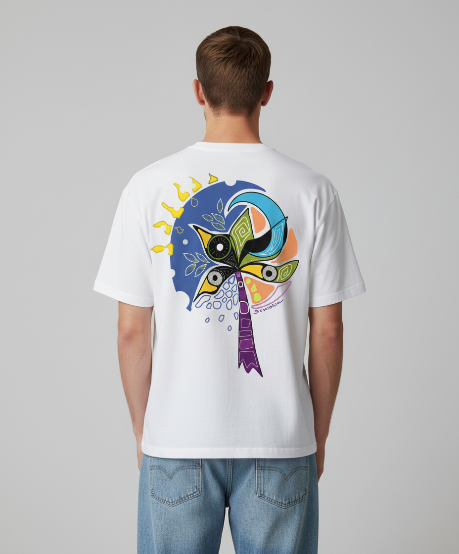 Man wearing a white t-shirt from Semiotica with a colorful graphic on the back against a gray background