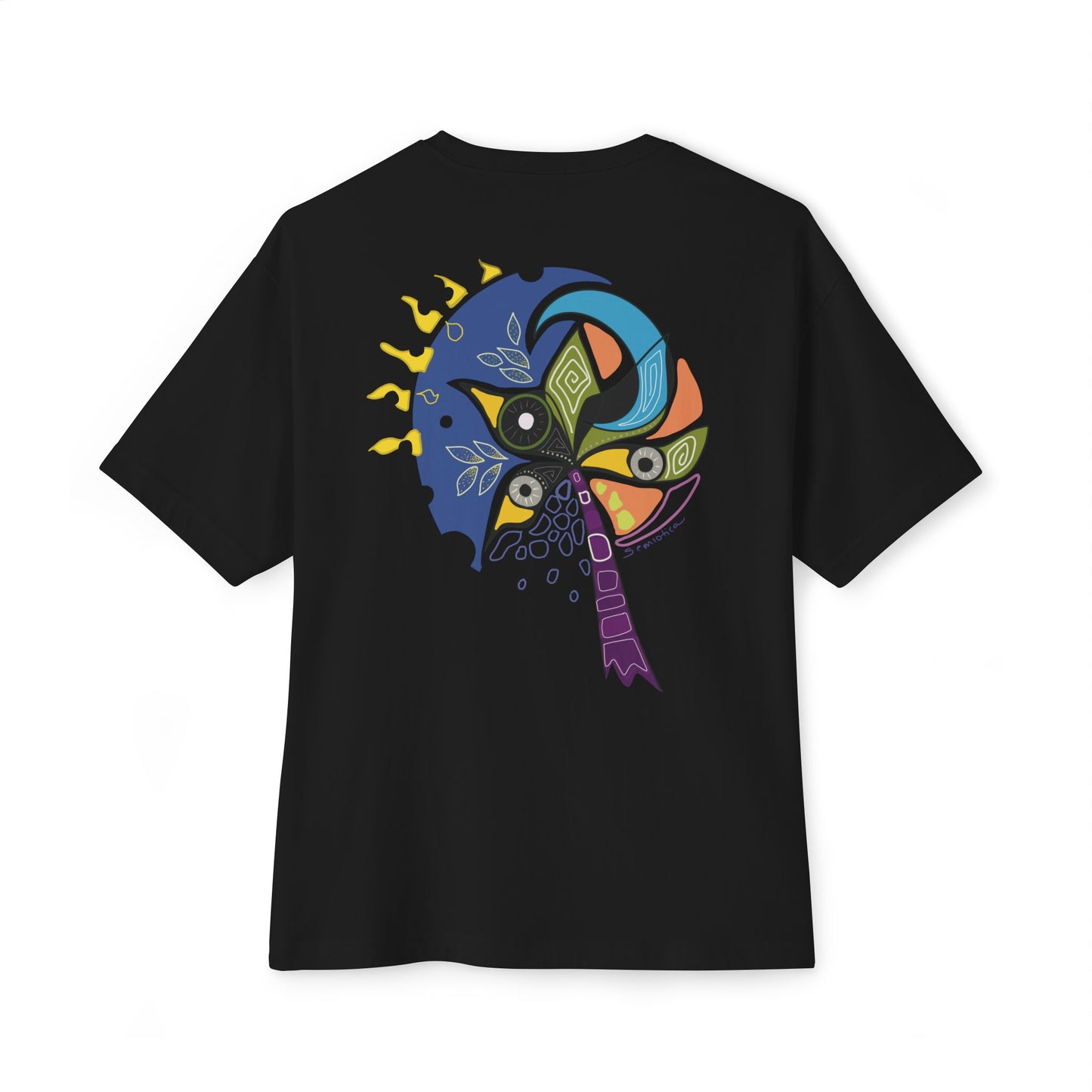 Black t-shirt from Semiotica with a colorful graphic design on the back against a white background