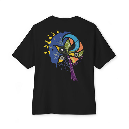 Black t-shirt from Semiotica with a colorful graphic design on the back against a white background