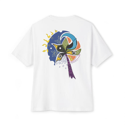 White t-shirt from Semiotica with a colorful abstract design on the back against a white background