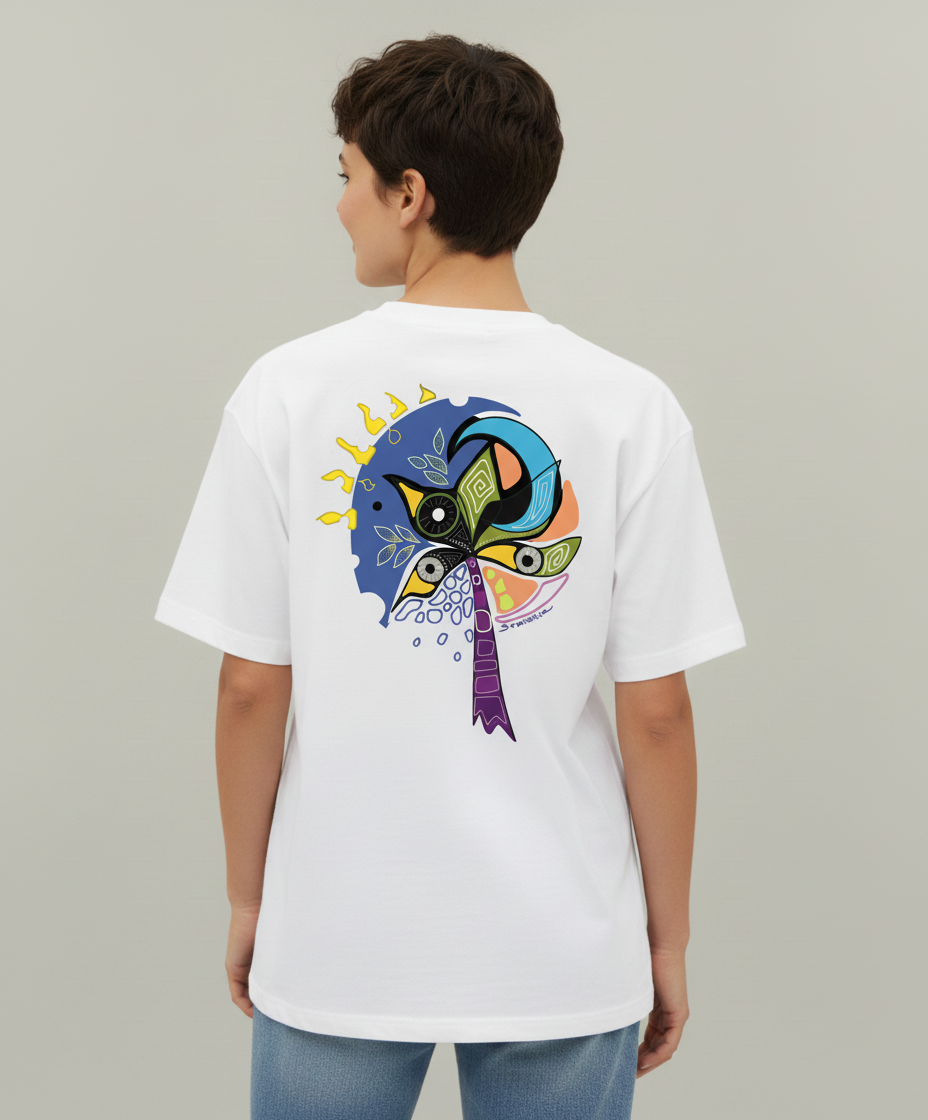 Woman wearing a white t-shirt from Semiotica with a colorful graphic on the back against a plain background
