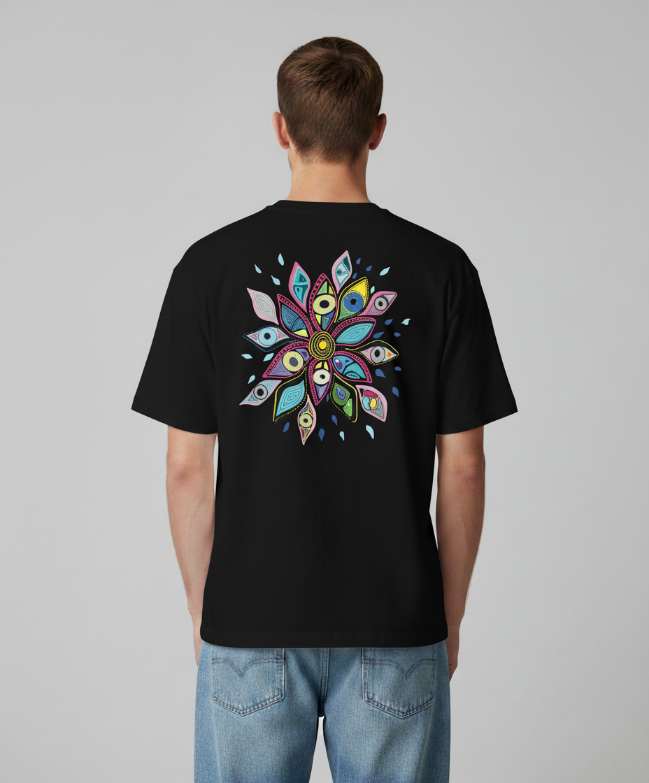 Man wearing a black t-shirt from Semiotica with a colorful mandala design on the back against a gray background