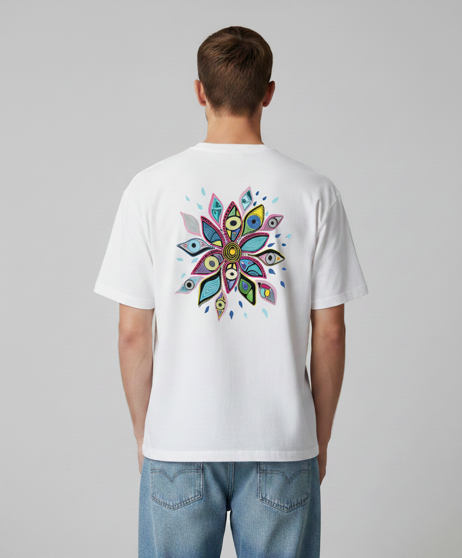 A man wearing a white t-shirt from Semiotica with a colorful mandala design on the back against a gray background