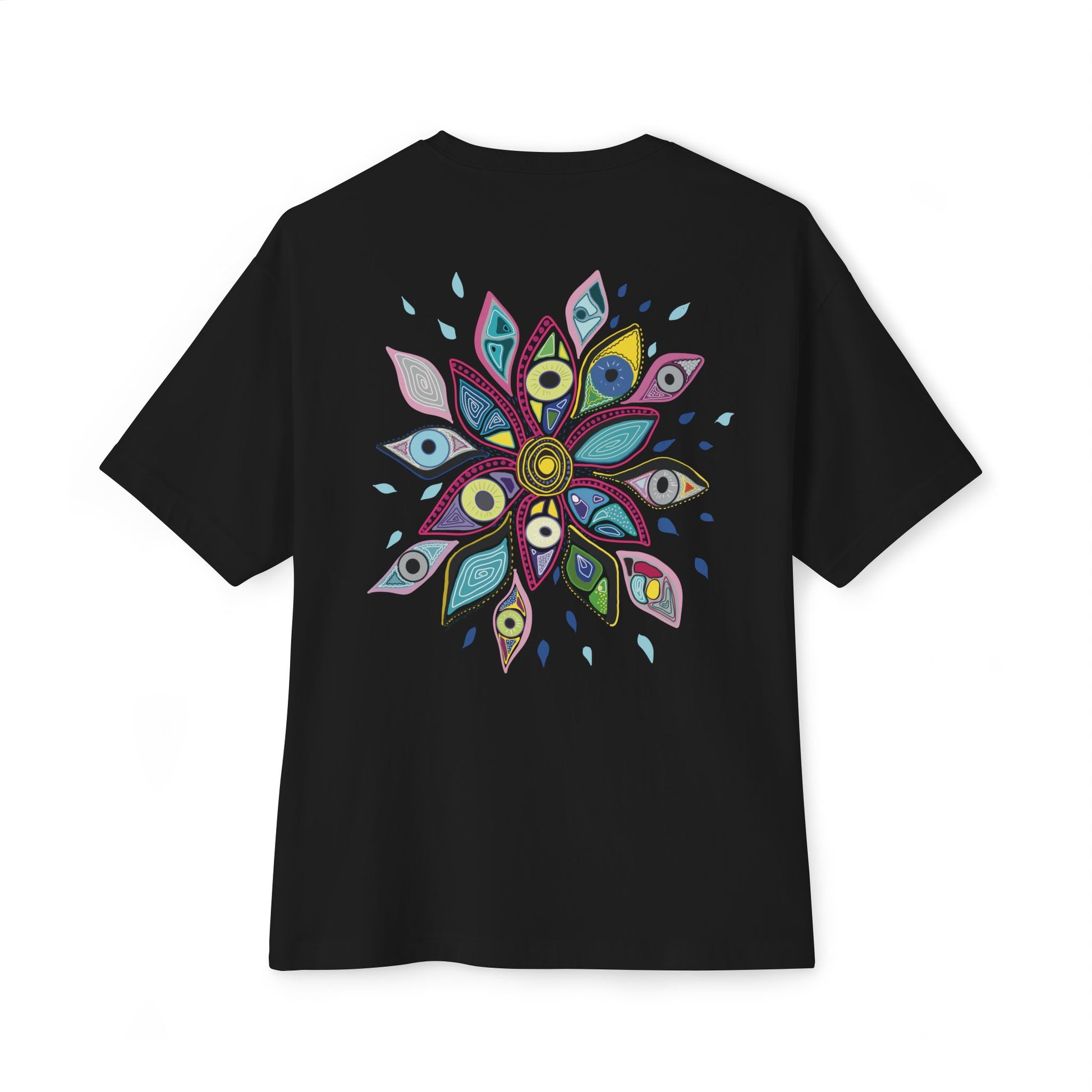 Black t-shirt from Semiotica with a colorful mandala design on the back against a white background