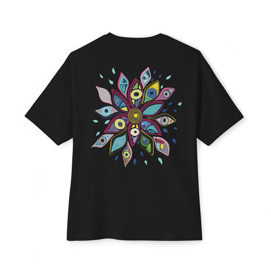Black t-shirt from Semiotica with a colorful mandala design on the back against a white background