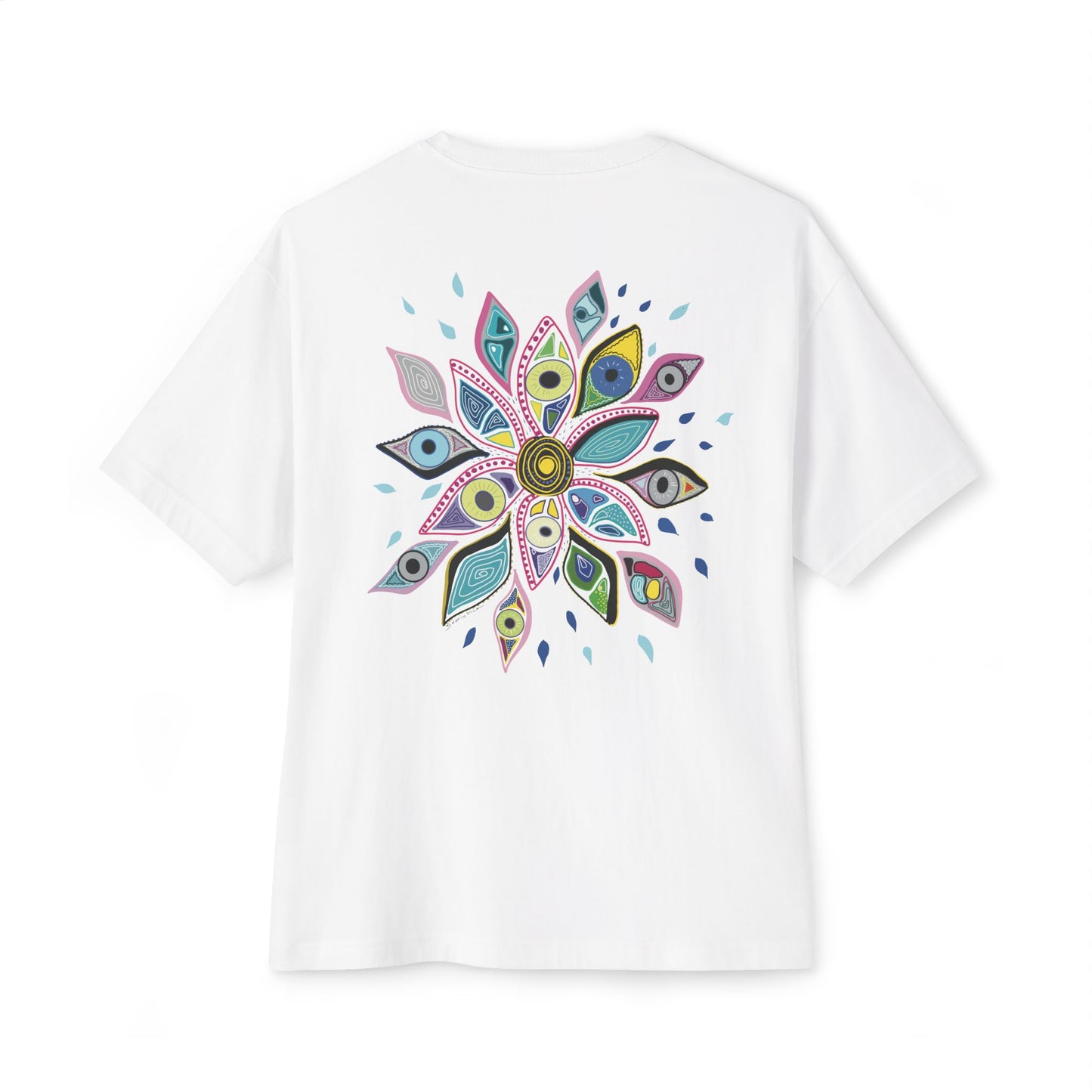 White t-shirt from Semiotica with a colorful mandala design on a white background