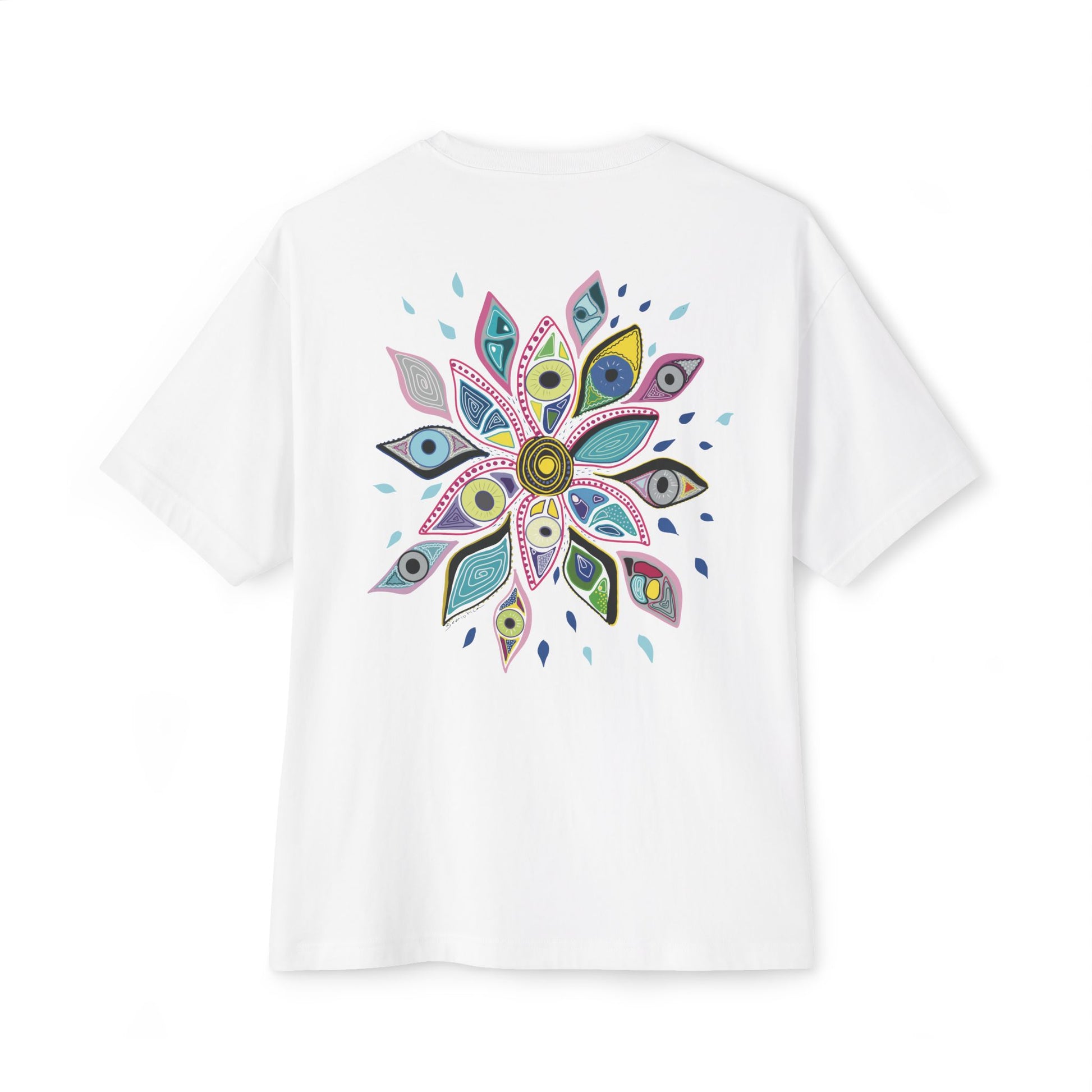 White t-shirt from Semiotica with a colorful mandala design on a white background