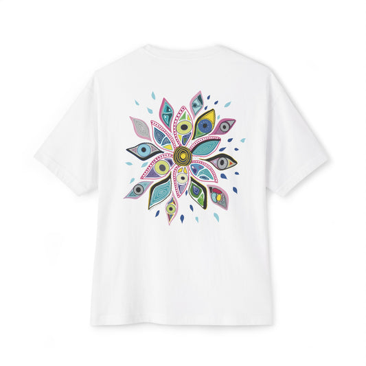 White t-shirt from Semiotica with a colorful mandala design on a white background