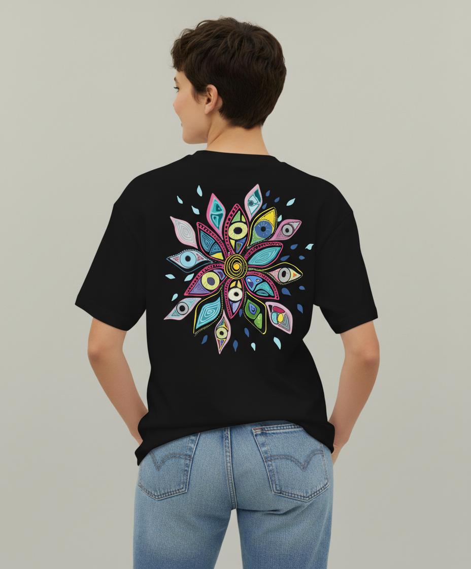 Woman wearing a black t-shirt Semiotica with a colorful mandala design on the back, standing against a plain background.