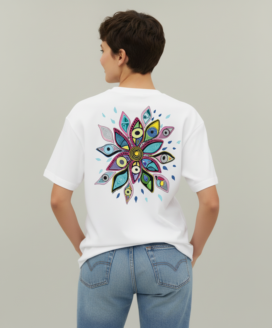 A woman wearing a white t-shirt from Semiotica with a colorful mandala design on the back, standing against a plain background.