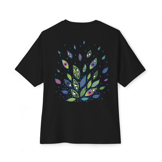 Black t-shirt from Semiotica with colorful abstract design on the back against a white background
