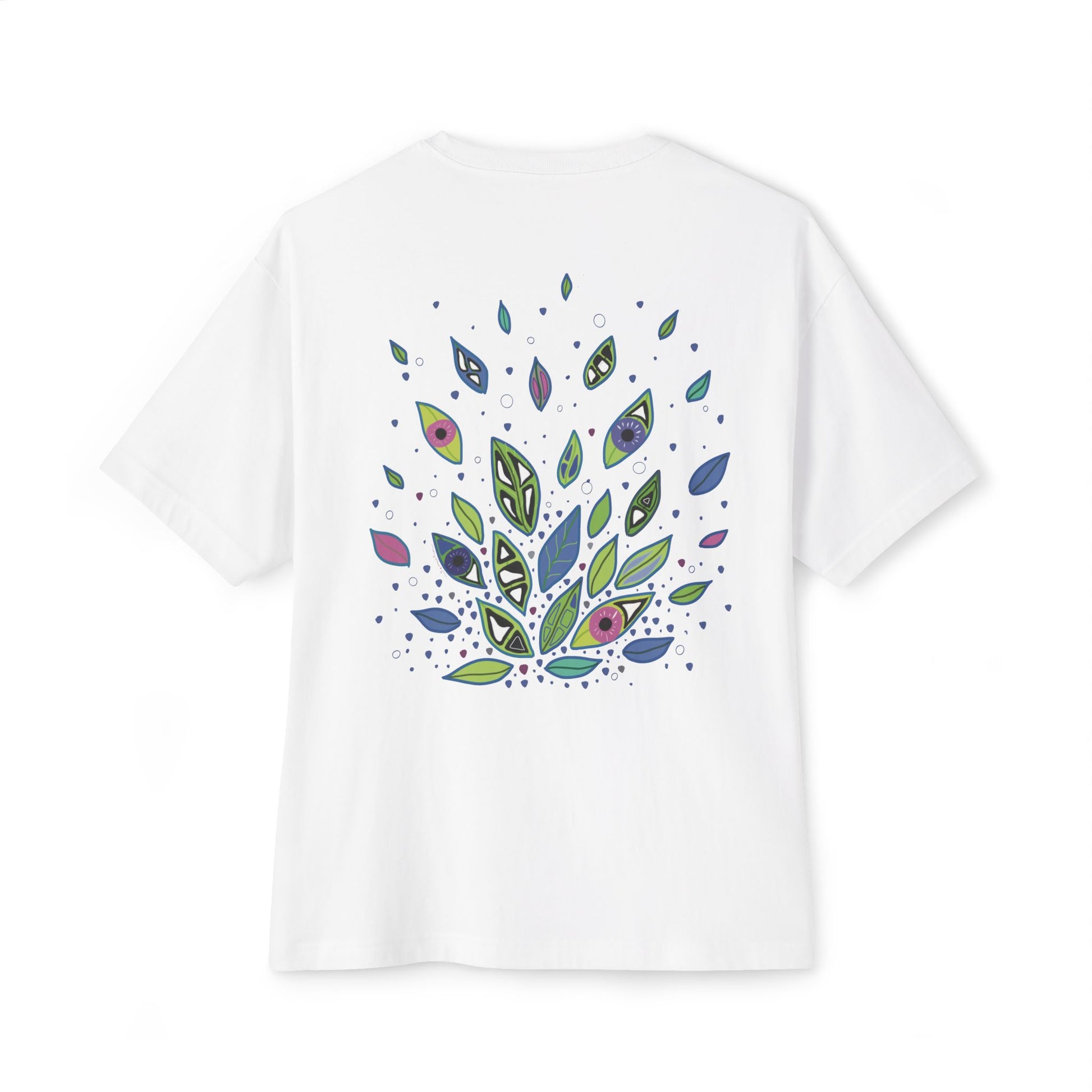 White t-shirt from Semiotica with colorful leaf pattern on a white background