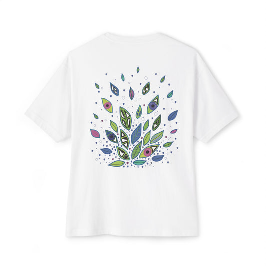 White t-shirt from Semiotica with colorful leaf pattern on a white background