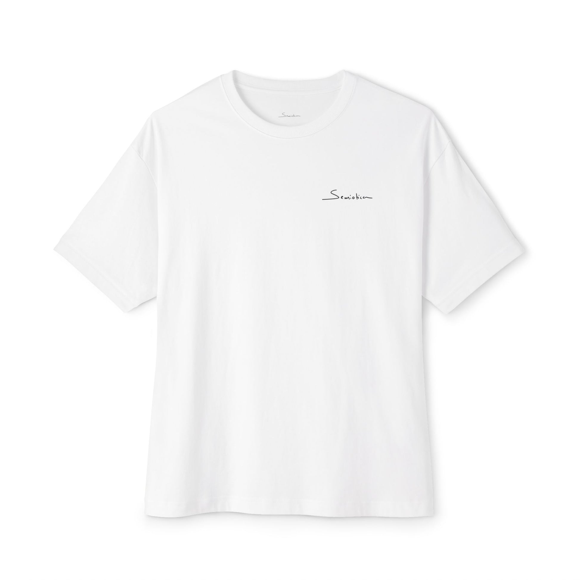 White t-shirt with Semiotica logo printed on a white background