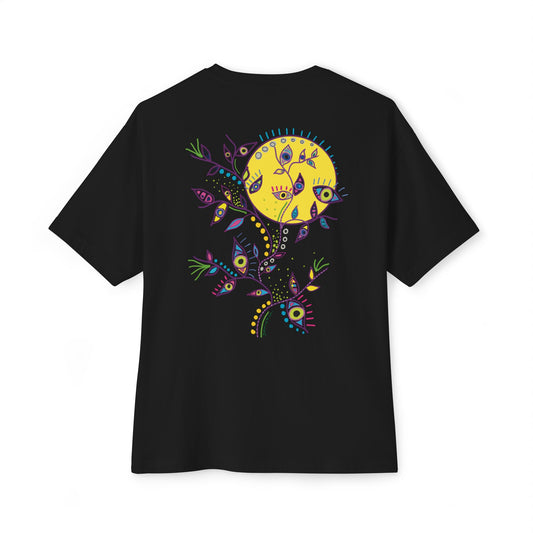Black t-shirt from Semiotica with colorful abstract design on a white background
