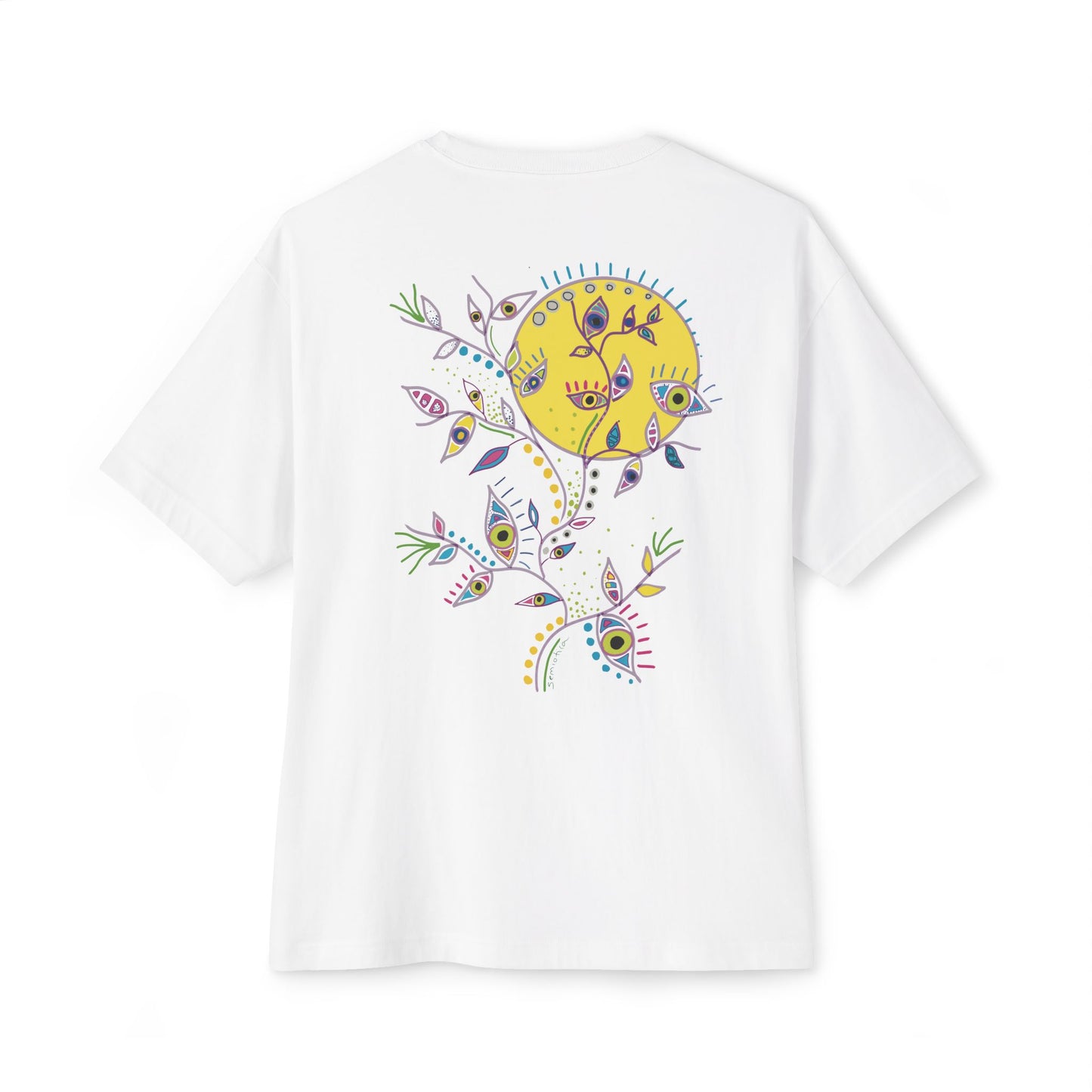 White t-shirt from Semiotica with a colorful floral and sun design on the back against a white background
