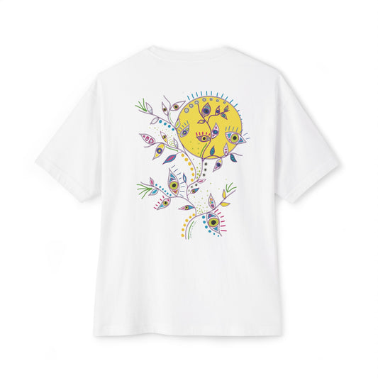 White t-shirt from Semiotica with a colorful floral and sun design on the back against a white background
