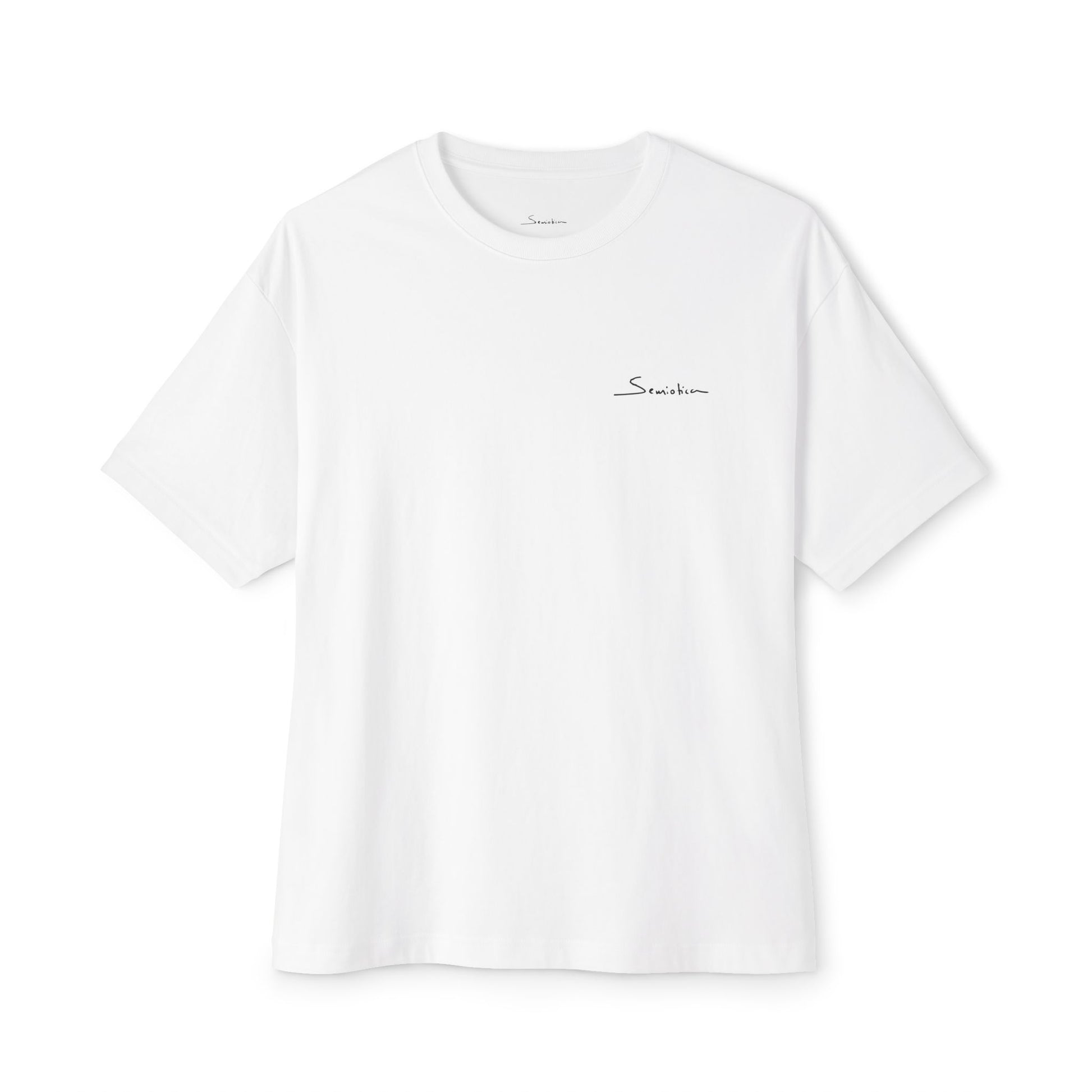 White t-shirt with Semiotica logo printed on a white background