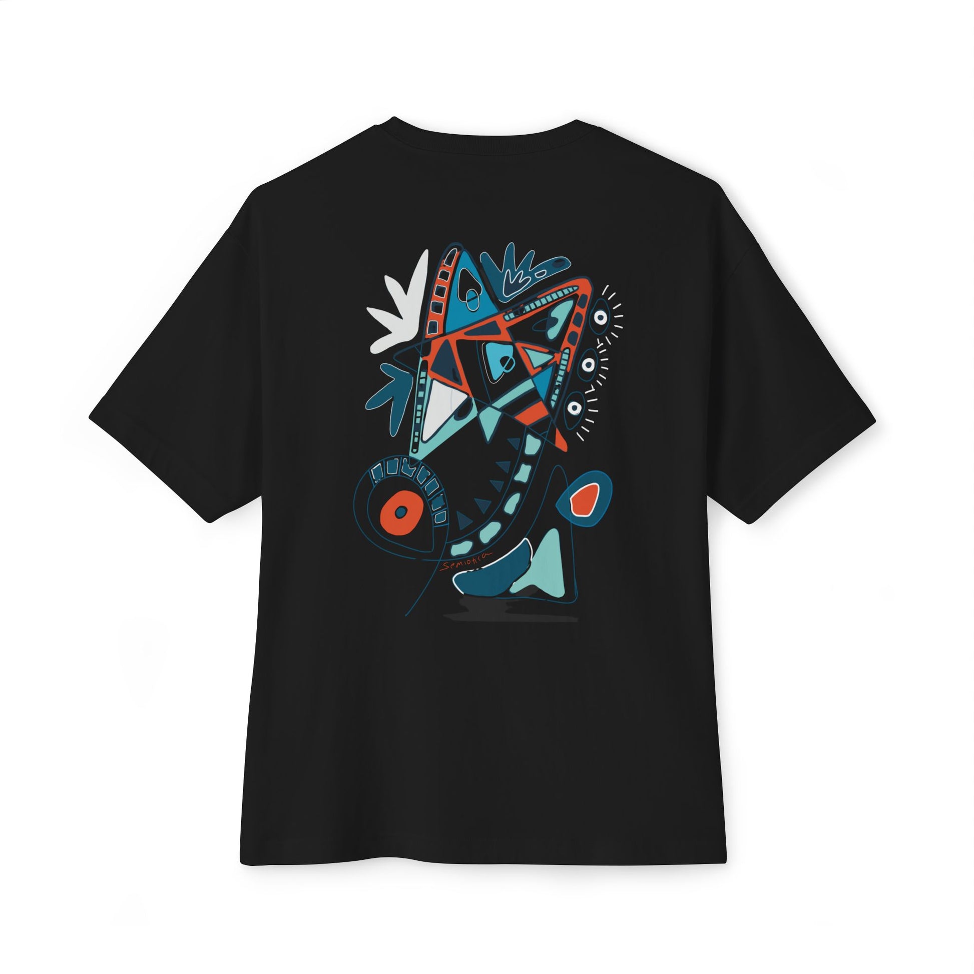 Black t-shirt from Semiotica with colorful abstract design on a white background