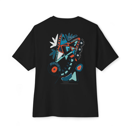 Black t-shirt from Semiotica with colorful abstract design on a white background